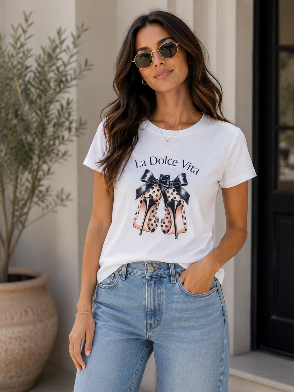 ShopEvelynne White 'La Dolce Vita' Graphic Tee with Polka Dot Heels